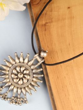 Silver Handcrafted Tribal Round shaped Pendant necklace with ghoonghroo and Thread