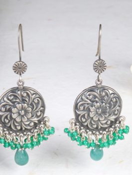 Silver  Handcrafted  Earrings  with Green Beads Hangings
