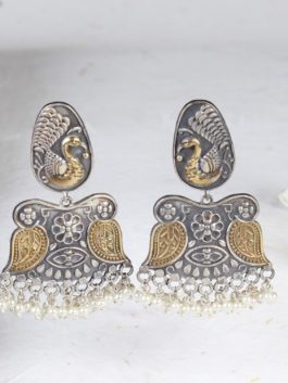 Dual  Tone Gold and Silver Finsh Handcrafted  Earrings with pearl beads