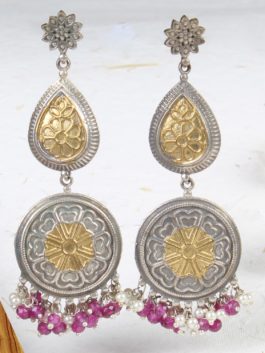 Dual  Tone Gold and Silver Finsh Handcrafted Layered earrings with Bead Work