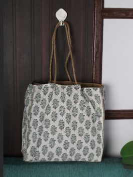 HAND BLOCK PRINTED COTTON  JHOLA BAG WITH JUTE LINING AND HANDLE
