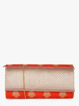 RED BROCADE FOLDOVER CLUTCH WITH CHAIN STRAP