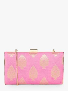 PINK BROCADE  CLUTCH WITH CHAIN STRAP