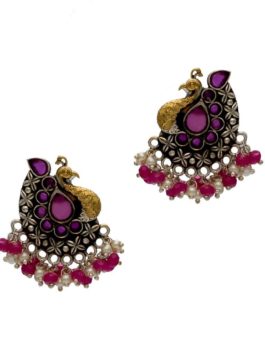 RED PEACOCK DUAL TONE STUD EARRINGS WITH PEARLS AND BEADS