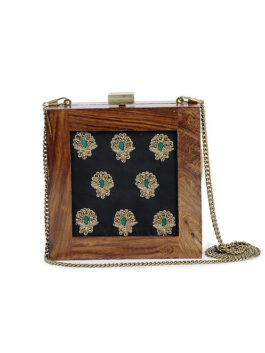 BLACK AND BROWN EMBROIDERED WOODEN  CLUTCH WITH CHAIN STRAP