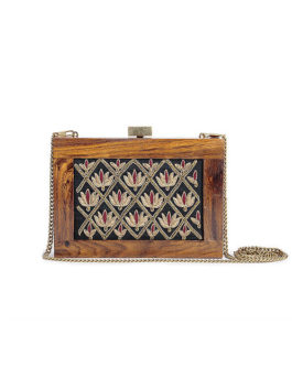 BLACK AND BROWN EMBROIDERED WOODEN  CLUTCH WITH CHAIN STRAP