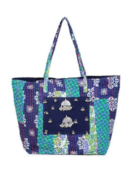 Patchwork  Kantha-Embroidered Cotton Tote with Metal Embellishments