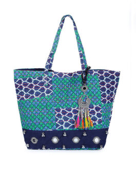 Patchwork  Kantha-Embroidered Cotton Tote with Metal Embellishments
