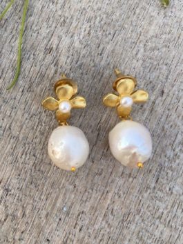 Gold Tone Floral Stud Earrings With Baroque Pearl Drop