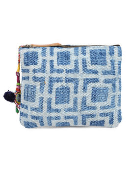 Indigo Hand-printed Cotton Rug and Leather Pouch with Tassels
