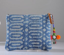 Indigo Hand-printed Cotton Rug and Leather Pouch with Tassels
