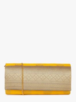 YELLOW  BROCADE FOLDOVER CLUTCH WITH CHAIN STRAP