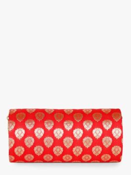 RED BROCADE FOLDOVER CLUTCH WITH CHAIN STRAP