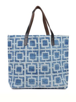 Indigo Hand-printed Cotton Rug and Leather Tote with Tassels