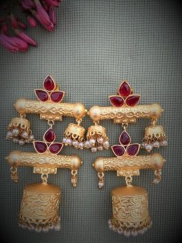 RED MATTE GOLD HANDCRAFTED LONG JHUMKI EARRINGS